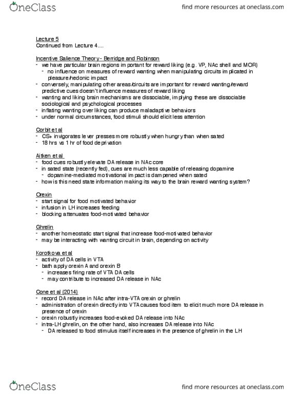 NEUROSC M101C Lecture Notes - Lecture 5: Amygdala, Dopamine Receptor D1, Adipocyte thumbnail