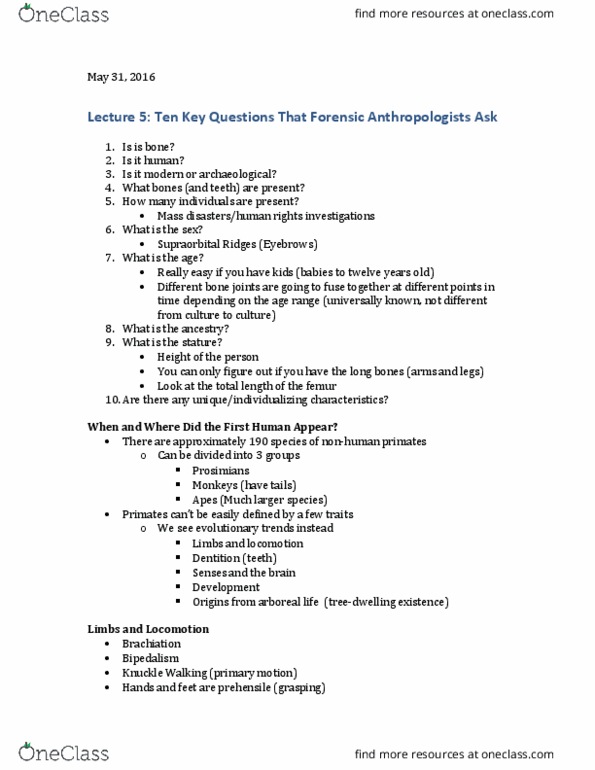 ANTHROP 1AA3 Lecture Notes - Lecture 5: Sandie Shaw, Australopithecus, Thumb thumbnail