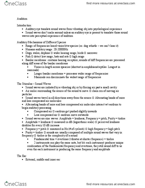 PSYCH 1XX3 Lecture Notes - Lecture 7: Ear Canal, Sound Intensity, Hair Cell thumbnail