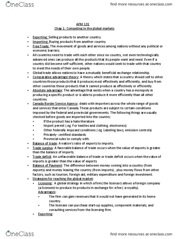 ARBUS101 Chapter Notes - Chapter 1: North American Free Trade Agreement, Import Quota, Foreign Direct Investment thumbnail