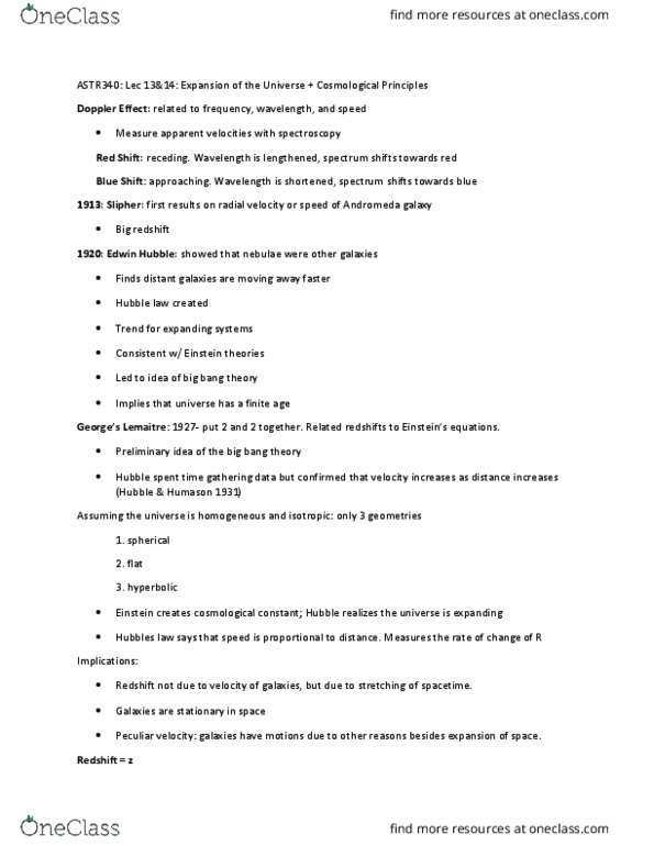 ASTR 340 Lecture Notes - Lecture 13: Peculiar Velocity, Cosmological Constant, Edwin Hubble thumbnail