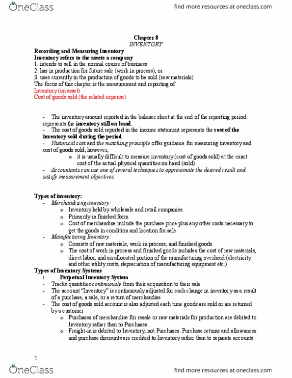 BMGT 310 Chapter Notes - Chapter 8: Perpetual Inventory, Subledger, Product Return thumbnail