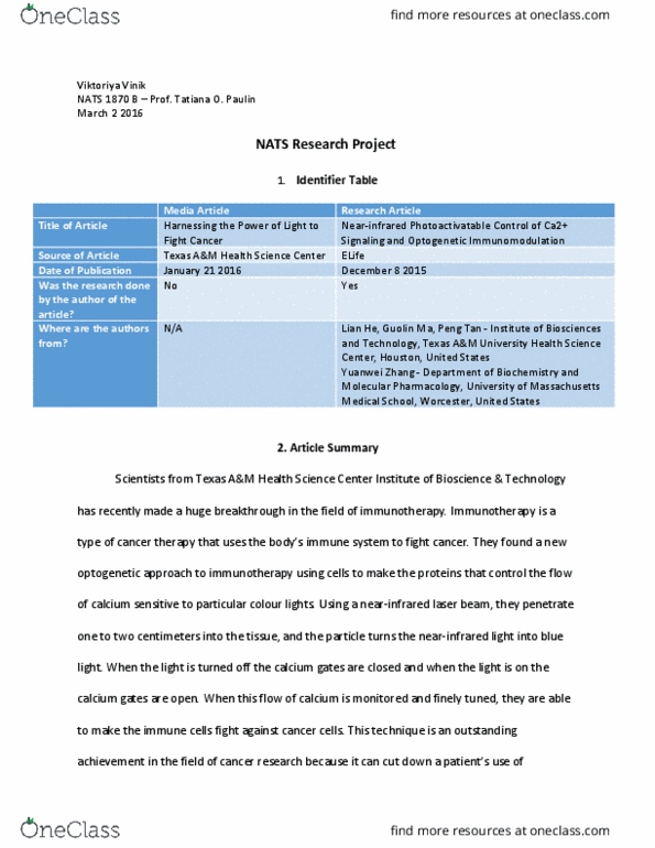 NATS 1870 Chapter Notes - Chapter 1: Optogenetics, Elife, Metastasis thumbnail