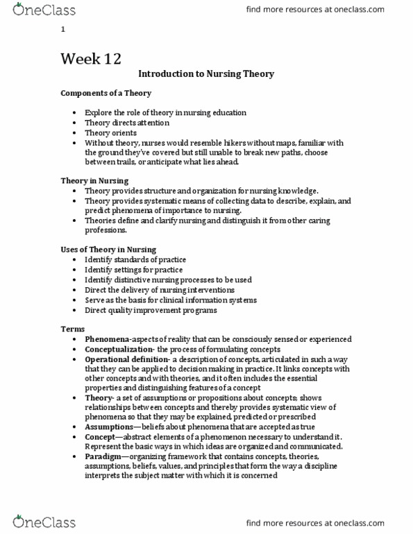 Nursing 1060A/B Lecture Notes - Lecture 12: Conceptual Framework, Practice Theory, Predicable thumbnail