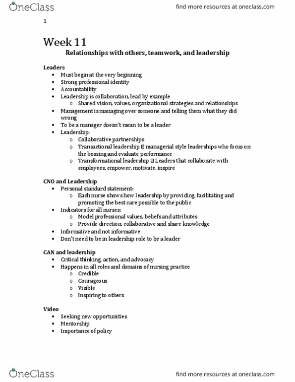 Nursing 1060A/B Lecture Notes - Lecture 11: Collaborative Partnerships, Transactional Leadership, Transformational Leadership thumbnail
