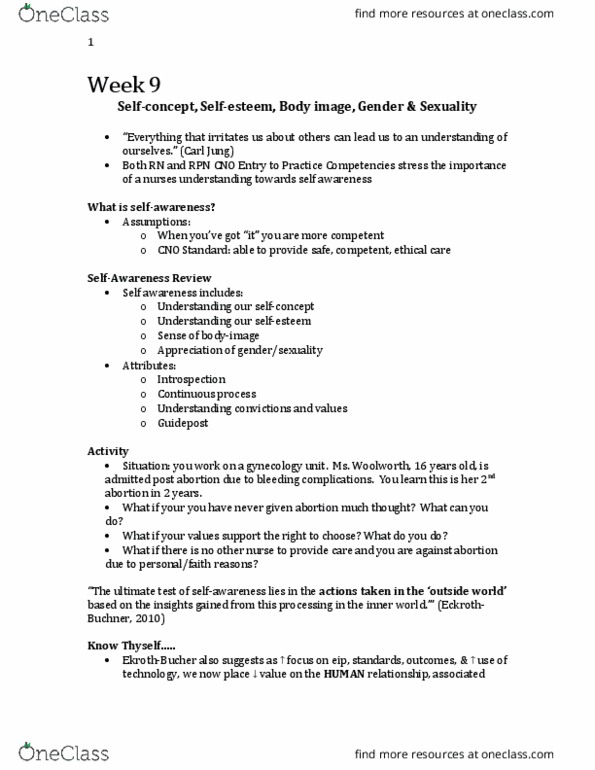 Nursing 1070A/B Lecture Notes - Lecture 9: Carl Jung, Body Image, Self-Awareness thumbnail
