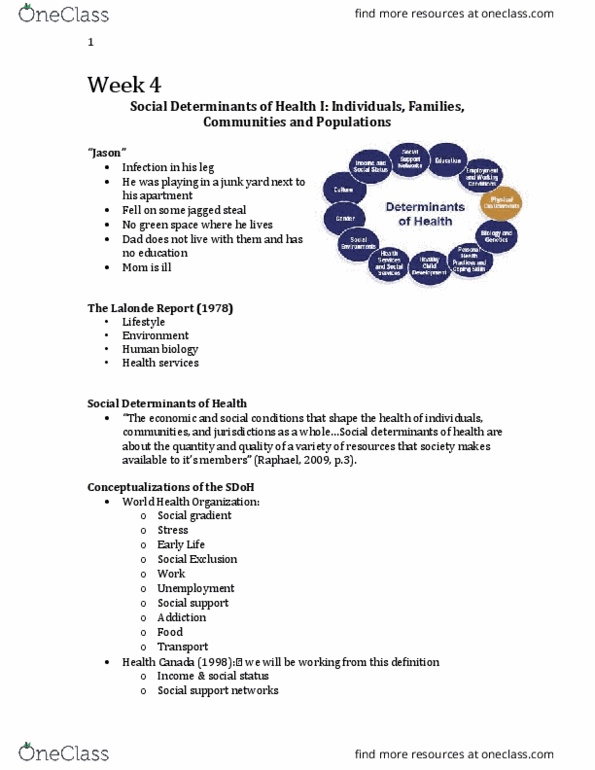 Nursing 1070A/B Lecture Notes - Lecture 4: World Health Organization, Health Canada, Determinant thumbnail