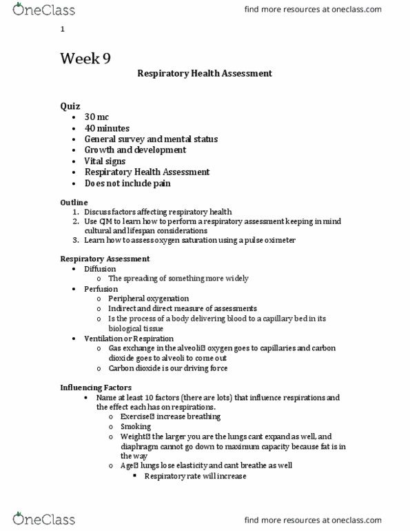 Nursing 1080A/B Lecture Notes - Lecture 9: Pulse Oximetry, Maximum Capacity, Respiratory Rate thumbnail