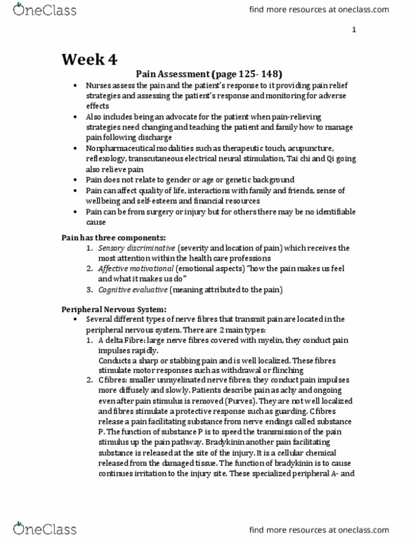 Nursing 1080A/B Lecture Notes - Lecture 4: Substantia Gelatinosa Of Rolando, Nociceptor, Peripheral Nervous System thumbnail