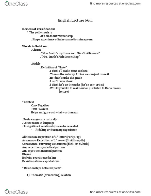 ENGLISH 1A03 Lecture Notes - Lecture 4: Porky Pig, Grammatical Relation, Assonance thumbnail