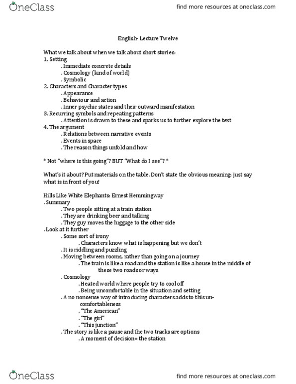 ENGLISH 1A03 Lecture Notes - Lecture 12: Hills Like White Elephants, Ernest Hemingway thumbnail