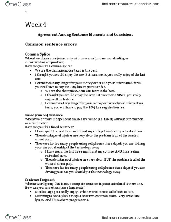 Writing 1030F Lecture Notes - Lecture 4: Comma Splice, Late Registration, Juicer thumbnail