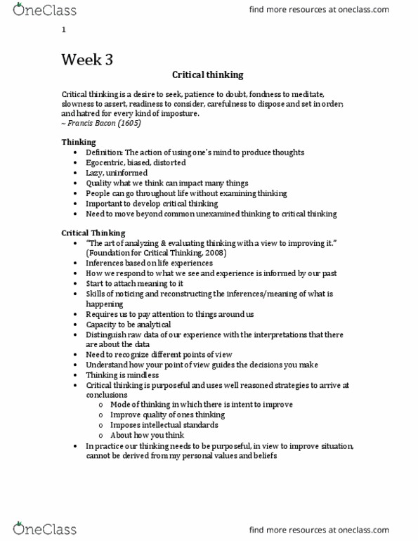 Nursing 1160A/B Lecture Notes - Lecture 3: Critical Thinking, Decision-Making, Problem Solving thumbnail