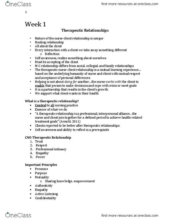 Nursing 1170A/B Lecture Notes - Lecture 1: Therapeutic Relationship, Self-Awareness, Palliative Care thumbnail