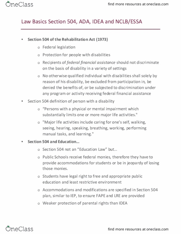 EDUC-K 205 Lecture Notes - Lecture 7: Section 504 Of The Rehabilitation Act, Rehabilitation Act Of 1973, Individualized Education Program thumbnail