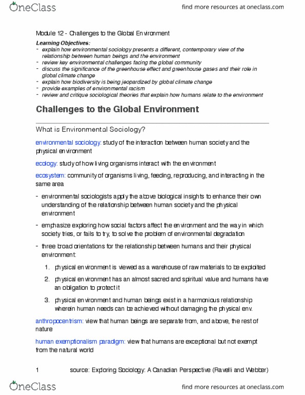 SOC101 Chapter Notes - Chapter 20: Environmental Sociology, Environmental Racism, Anthropocentrism thumbnail