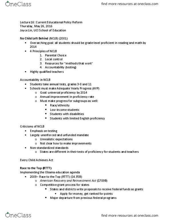 EDUC 50 Lecture Notes - Lecture 16: Adequate Yearly Progress, National Education Association, Common Core State Standards Initiative thumbnail