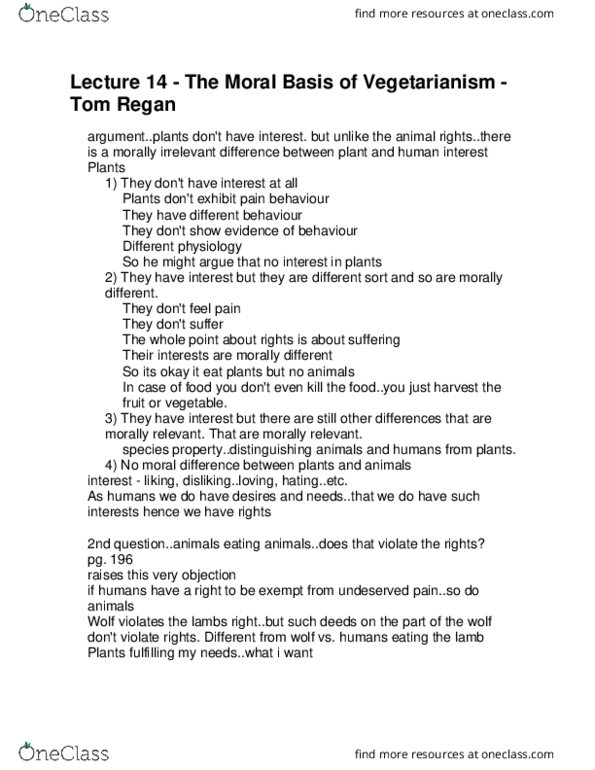 PHI 1103 Lecture Notes - Lecture 14: Tom Regan, Vegetarianism, Eating Animals thumbnail