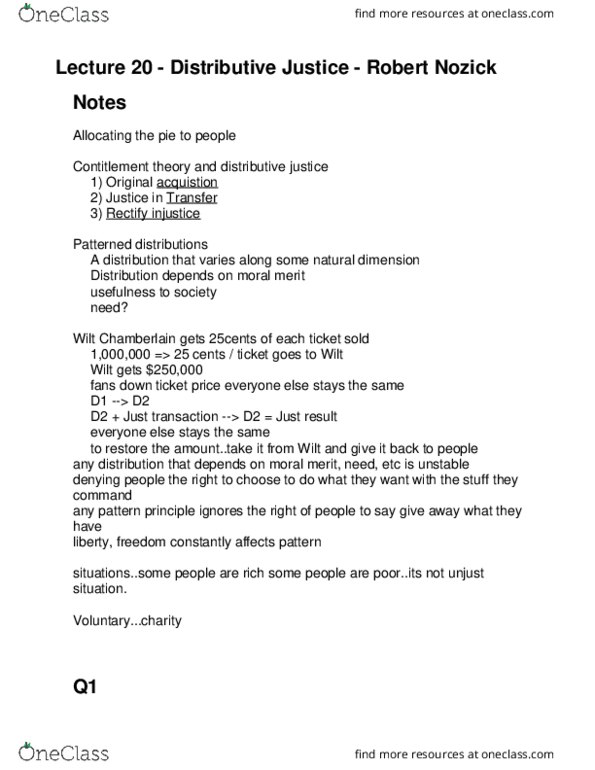 PHI 1103 Lecture Notes - Lecture 20: Wilt Chamberlain, Robert Nozick, Distributive Justice thumbnail