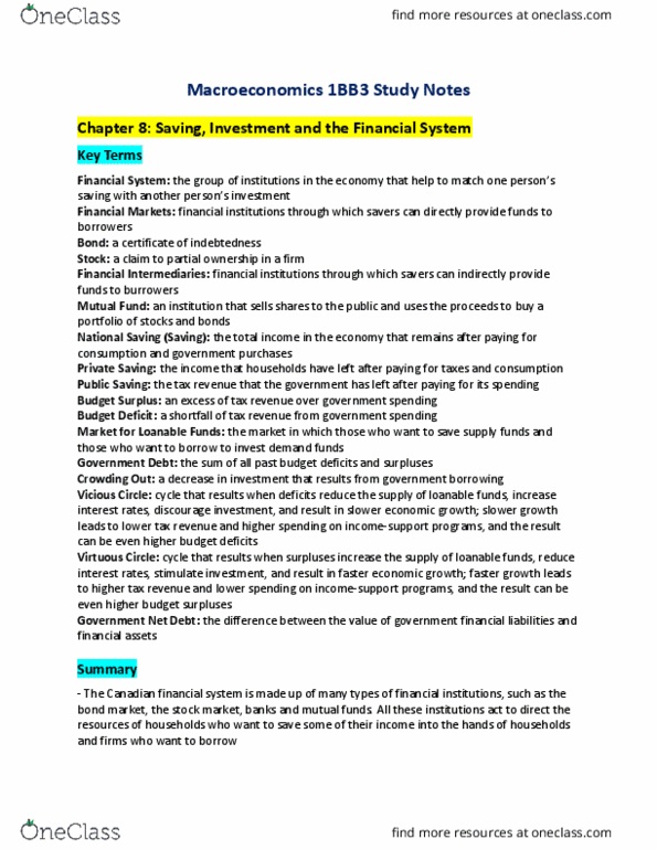 ECON 1BB3 Lecture Notes - Lecture 8: Government Budget Balance, Loanable Funds, Government Spending thumbnail