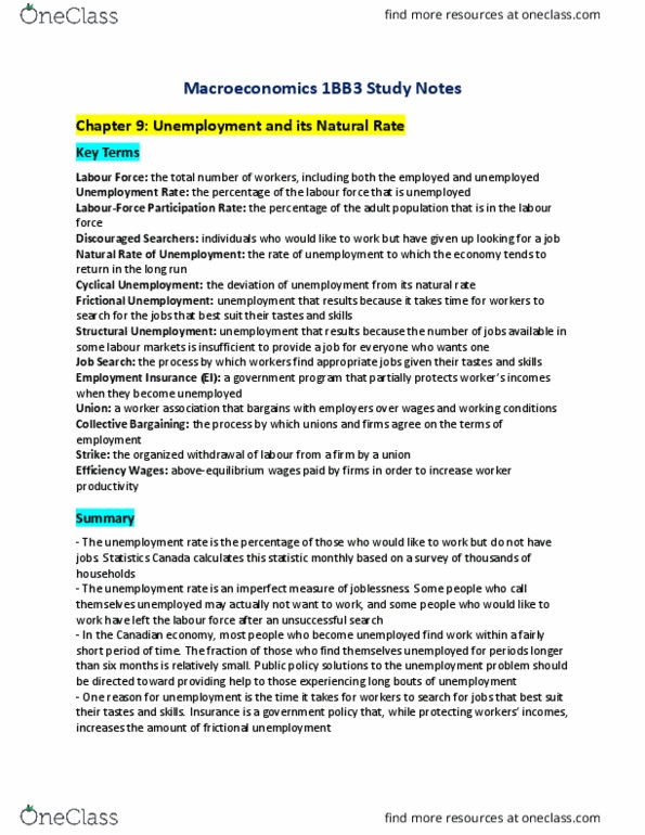 ECON 1BB3 Lecture Notes - Lecture 9: Unemployment Benefits, Structural Unemployment, Market Power thumbnail