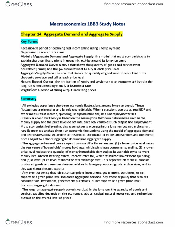 ECON 1BB3 Lecture Notes - Lecture 14: Aggregate Supply, Aggregate Demand, Money Supply thumbnail