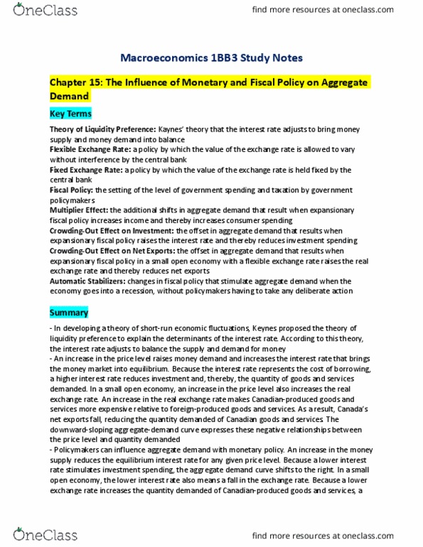 ECON 1BB3 Lecture Notes - Lecture 15: Exchange Rate, Aggregate Demand, Liquidity Preference thumbnail