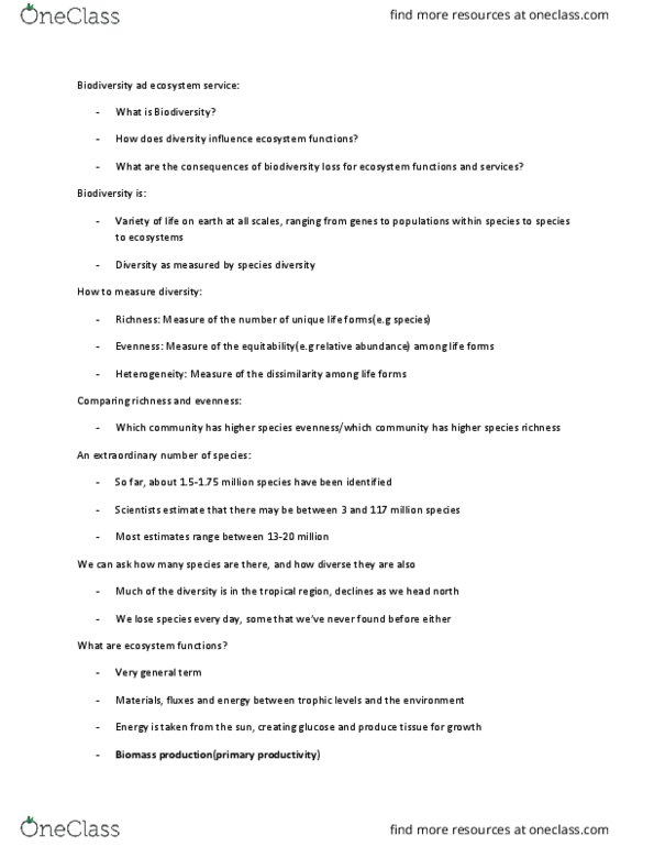 GEOG 310 Lecture Notes - Lecture 4: Ecosystem Services, Species Richness, Primary Production thumbnail