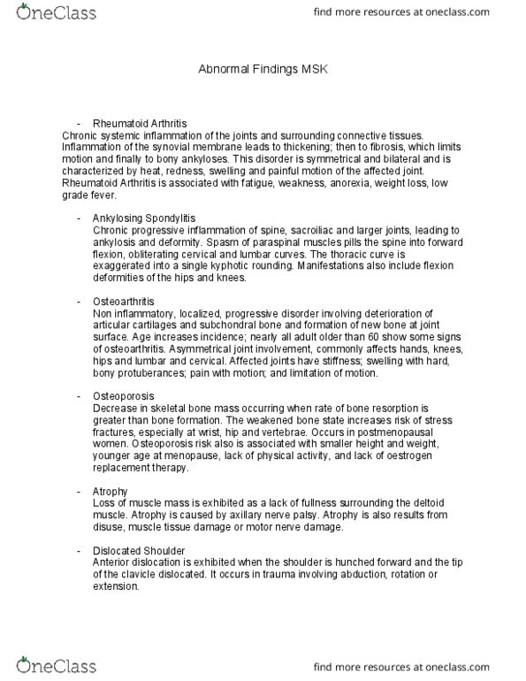 NUR1 239 Lecture Notes - Lecture 4: Ankylosing Spondylitis, Rheumatoid Arthritis, Epiphysis thumbnail