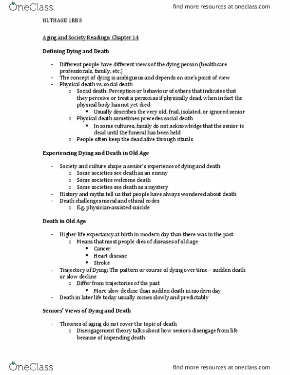 HLTHAGE 1BB3 Chapter Notes - Chapter 14: Social Death, Disengagement Theory, Cardiovascular Disease thumbnail