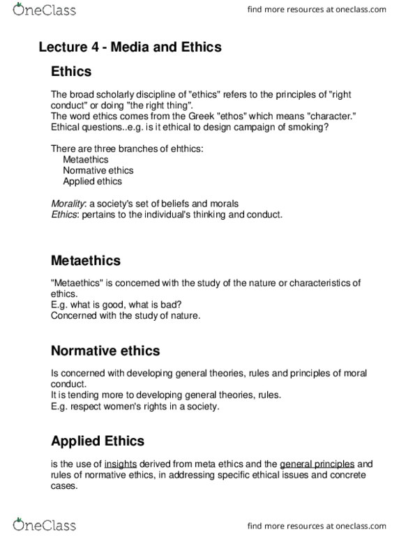 CMN 1160 Lecture Notes - Lecture 4: Meta-Ethics, Normative Ethics, Applied Ethics thumbnail