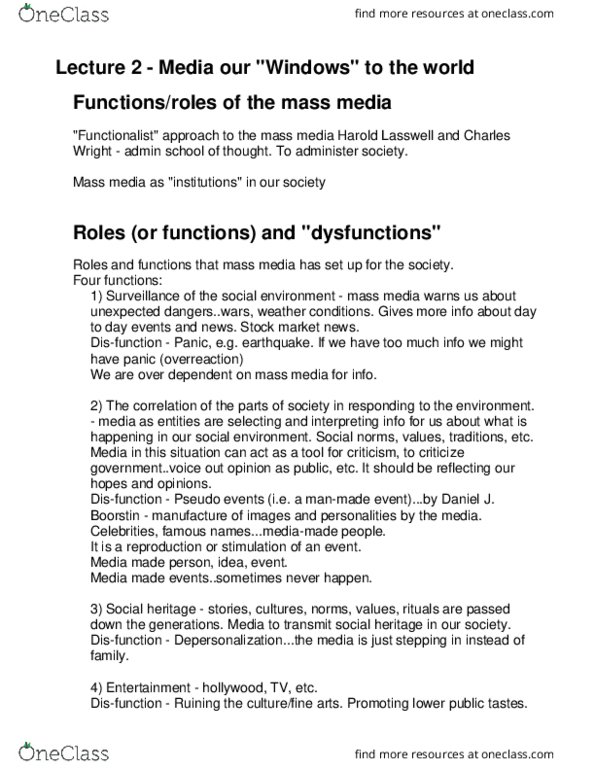 CMN 1160 Lecture Notes - Lecture 2: Harold Lasswell, Mass Media, Depersonalization thumbnail
