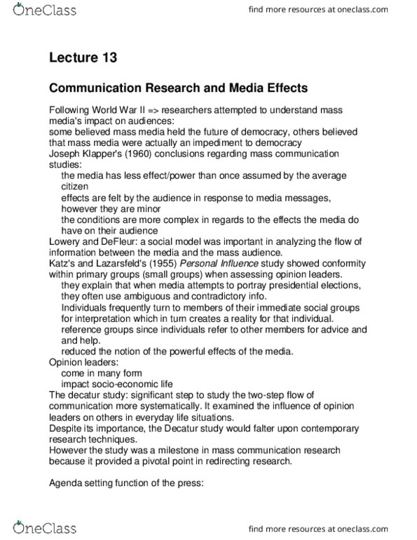 CMN 1160 Lecture Notes - Lecture 13: Mass Media, Communication Studies, Walter Lippmann thumbnail