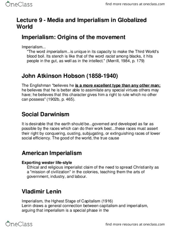 CMN 1160 Lecture Notes - Lecture 9: John A. Hobson, Social Darwinism, Cultural Globalization thumbnail