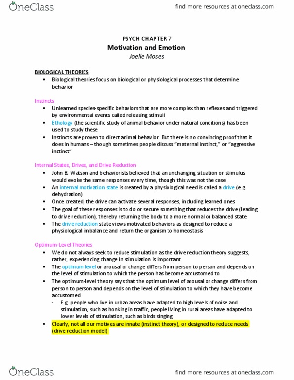 PSYC 100 Chapter Notes - Chapter 7: Ethology, Homeostasis, The Sequence thumbnail