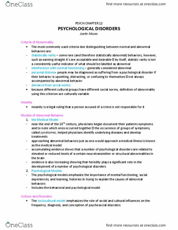 PSYC 100 Chapter Notes - Chapter 12: Tachycardia, Somatic Symptom Disorder, Anxiety Disorder thumbnail