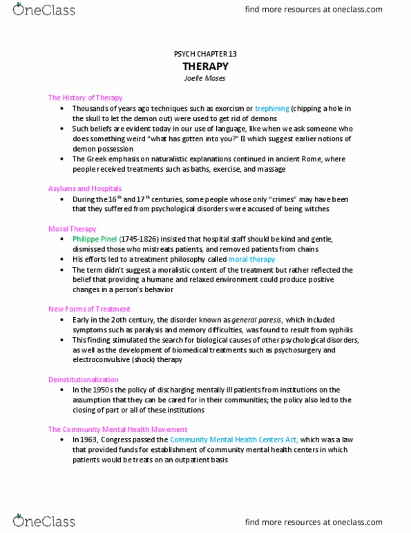 PSYC 100 Chapter Notes - Chapter 13: Community Mental Health Act, Philippe Pinel, Moral Treatment thumbnail