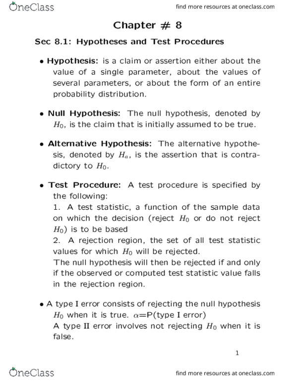 MATH 1202 Lecture Notes - Lecture 3: Type I And Type Ii Errors, Null Hypothesis, Test Statistic thumbnail