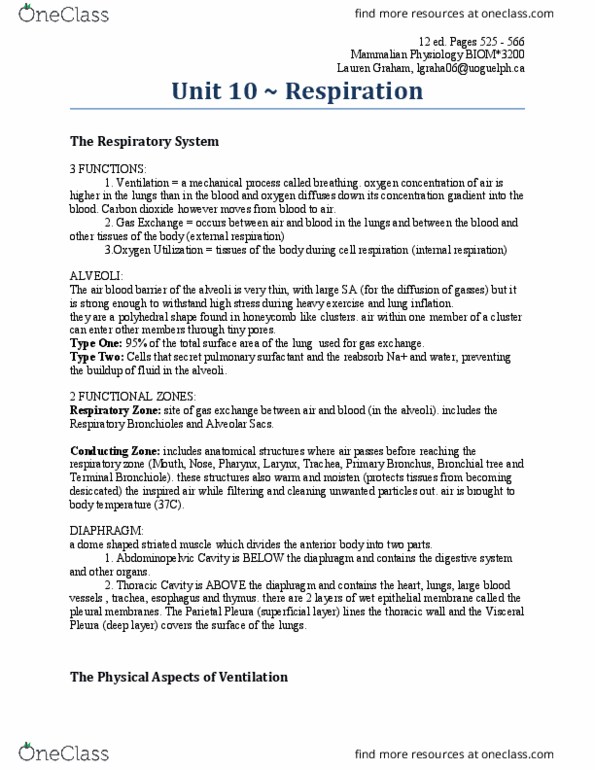 BIOM 3200 Chapter Notes - Chapter 16: Lauren Graham, Intrapleural Pressure, Transpulmonary Pressure thumbnail