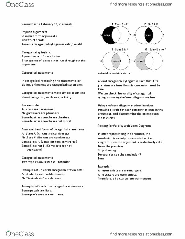 PHI 1101 Lecture Notes - Lecture 8: Syllogism, Venn Diagram thumbnail