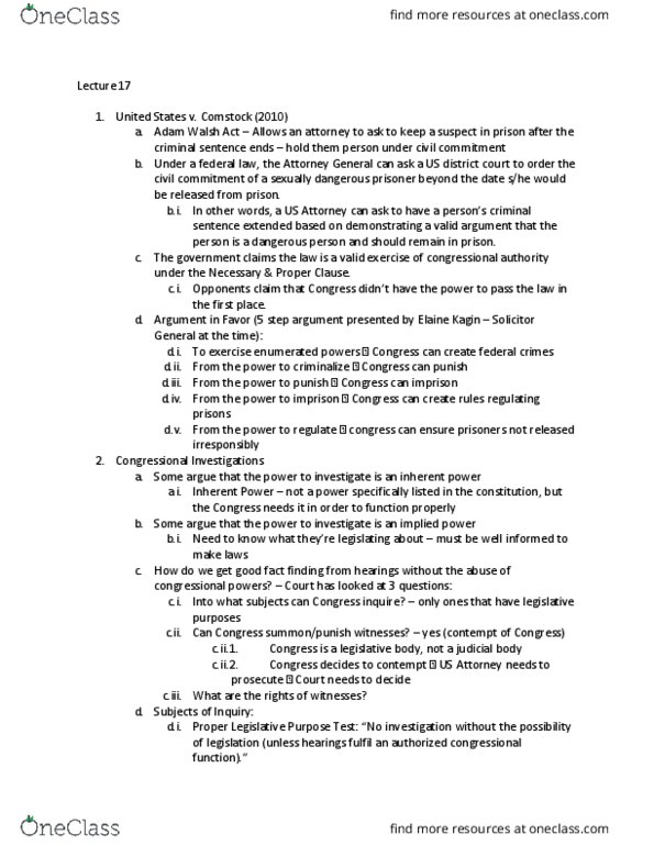Political Science Pol Sci 3403 Lecture Notes - Lecture 17: Adam Walsh Child Protection And Safety Act, Involuntary Commitment, Enumerated Powers thumbnail