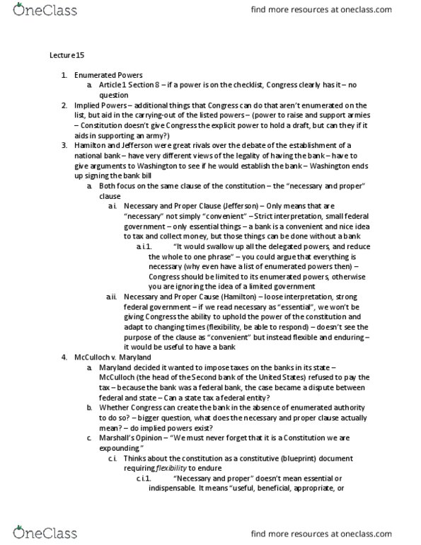 Political Science Pol Sci 3403 Lecture Notes - Lecture 15: Enumerated Powers, Implied Powers, Limited Government thumbnail