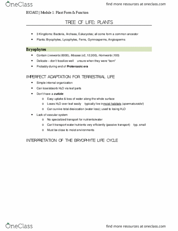 BIOA02H3 Lecture Notes - Lecture 2: Spermatozoon, Bryophyte, Lycopodiophyta thumbnail
