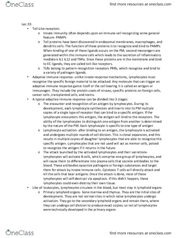 PHGY 209 Lecture Notes - Lecture 23: Adaptive Immune System, Innate Immune System, Lymphocyte thumbnail