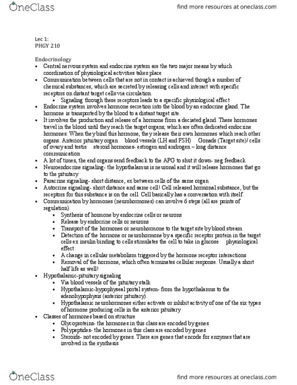 PHGY 210 Lecture Notes - Lecture 1: Autocrine Signalling, Paracrine Signalling, Anterior Pituitary thumbnail