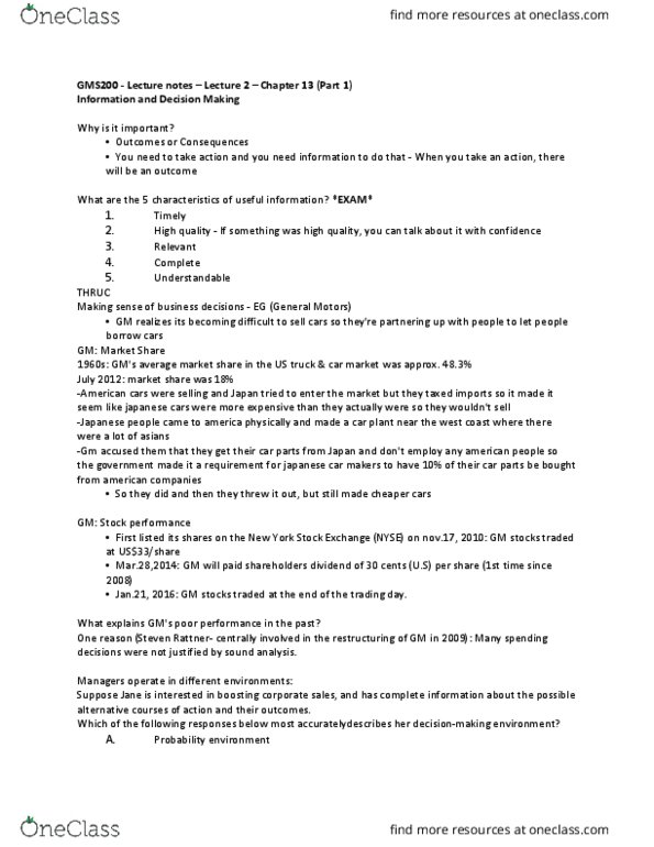 GMS 200 Lecture Notes - Lecture 2: Satisficing, New York Stock Exchange, Bounded Rationality thumbnail