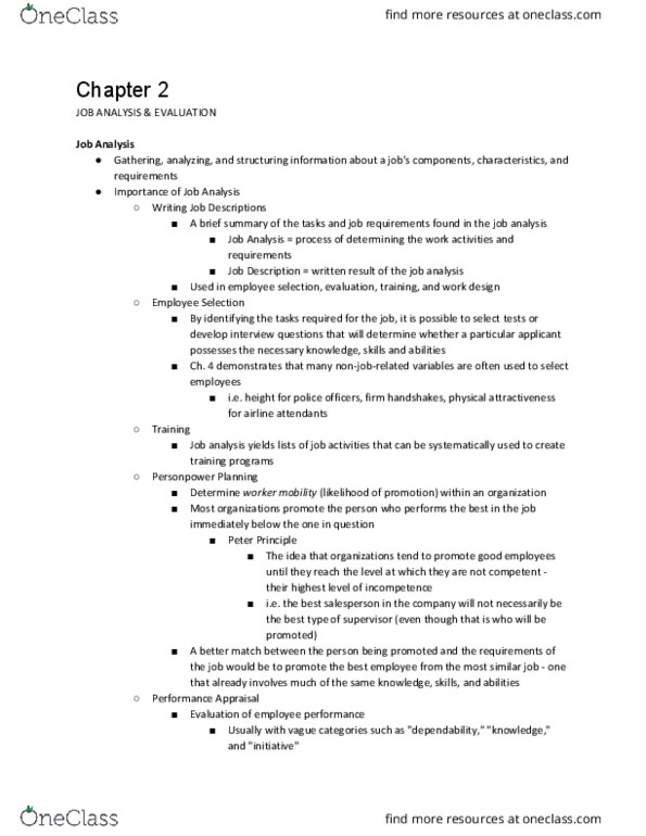 PSYCH 122I Chapter Notes - Chapter 2: Job Analysis, Peter Principle, Job Design thumbnail