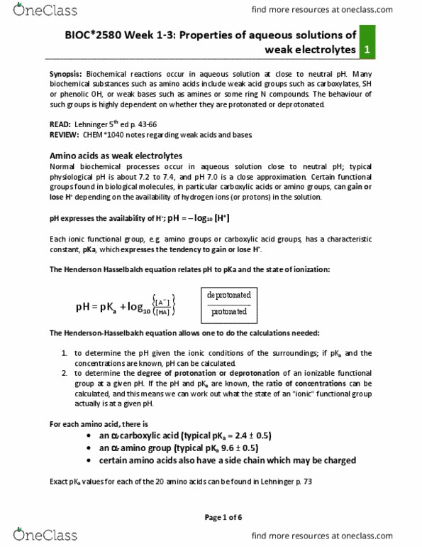 BIOC 2580 Chapter Notes - Chapter 2: Deprotonation, Acid Dissociation Constant, Amine thumbnail