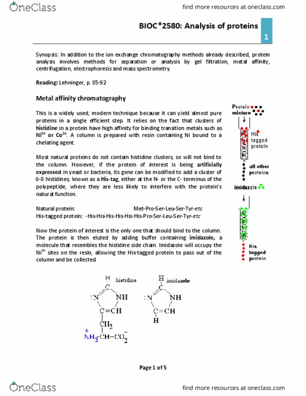 BIOC 2580 Chapter Notes - Chapter 3: Affinity Chromatography, Molecular Mass, Imidazole thumbnail