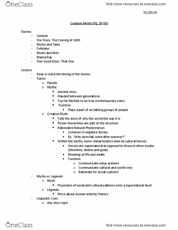 HUMA 1780 Lecture Notes - Lecture 2: Creation Myth, Orality, Binary Opposition thumbnail